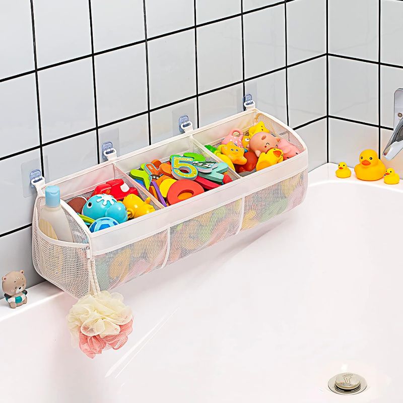 Photo 1 of Original 3 Compartment Horizontal Large Openings Bath Toy Organizer for Tub, Capacity Upgrade Bath Toy Storage and Holder, Bathtub Toy Holder for Easy Access and Sorting of Toys.