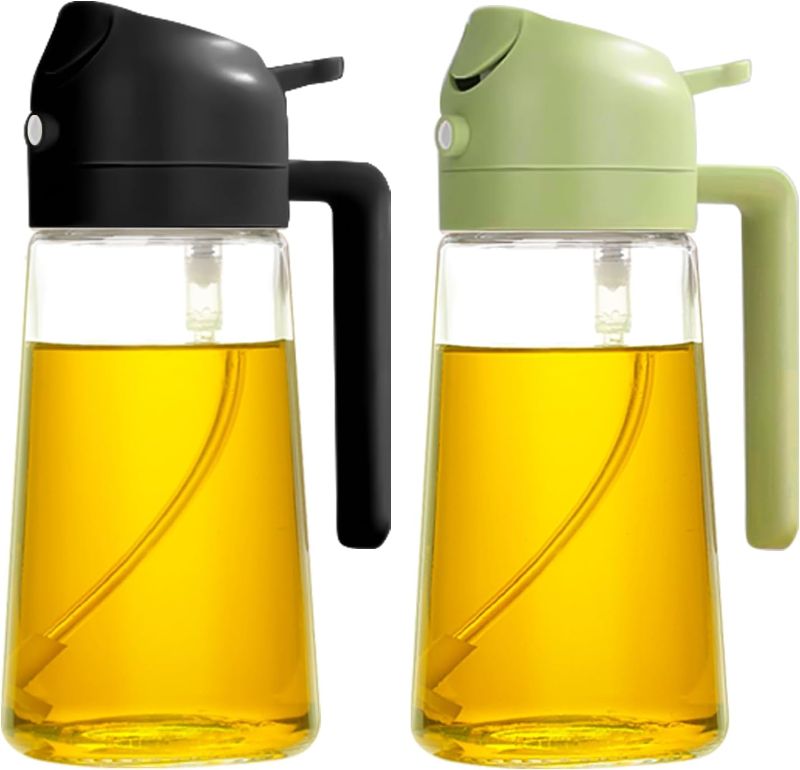 Photo 1 of YARRAMATE Olive Oil Dispenser, 2 in 1 Oil Sprayer for Cooking, 16oz/470ml Glass Oil Spray Bottle with Pourer, Food-grade Oil Dispenser and Oil Sprayer for Kitchen, Salad, Frying, BBQ (Black & Green)