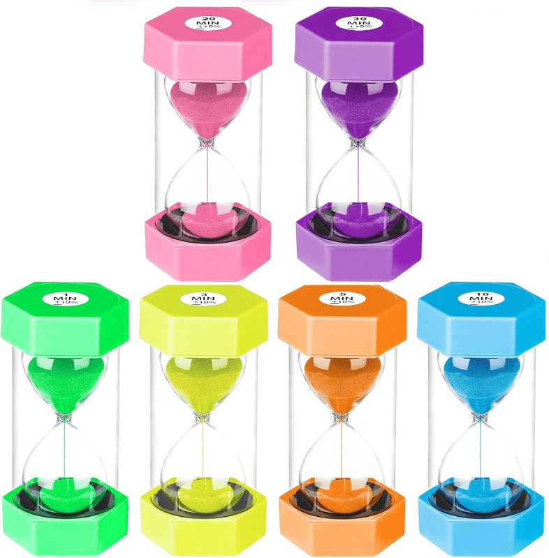 Photo 1 of SuLiao Sand Timer 1/3/5/10/20/30 Minutes Set, Plastic Hourglass Sand Clock for Kids, Reloj de Arena Niños, Colorful Visual Hour Glass Sand Watch for Games Classroom Office Kitchen Decor (Pack of 6)