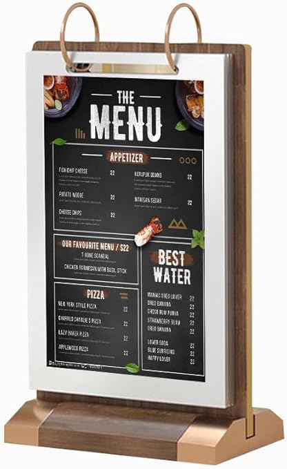 Photo 1 of A5 Walnut Wood Sign Holder Vertical Acrylic Table Card Clear Flip Display 6 Pages-12 Side,T-Shape Double Sided Flyer Display Frame With Base,Table Card For Restaurant Store Bar Company