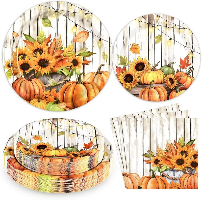 Photo 1 of Homlouue 200PCS Fall Paper Plates and Napkins, Thanksgiving Plates and Napkins Disposable, Sunflower and Pumpkin Plates for Thanksgiving Fall Harvest Holiday Decor, Fall Party Supplies Serve 50 Guests