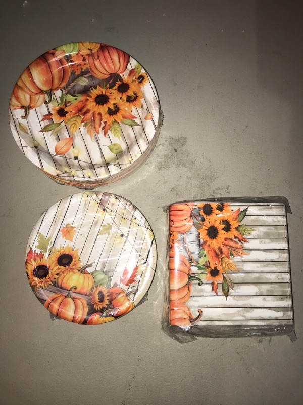 Photo 2 of Homlouue 200PCS Fall Paper Plates and Napkins, Thanksgiving Plates and Napkins Disposable, Sunflower and Pumpkin Plates for Thanksgiving Fall Harvest Holiday Decor, Fall Party Supplies Serve 50 Guests