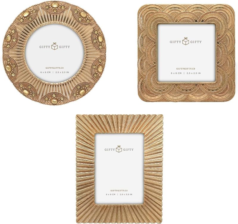 Photo 1 of Classic Gold 1920s Mini Frame Set/Set of 3/2.5x2.5 & 2.5x3.5 In | For Tabletop Display | Perfect for Home Decor, Wedding, Graduation, Or Milestone Photos