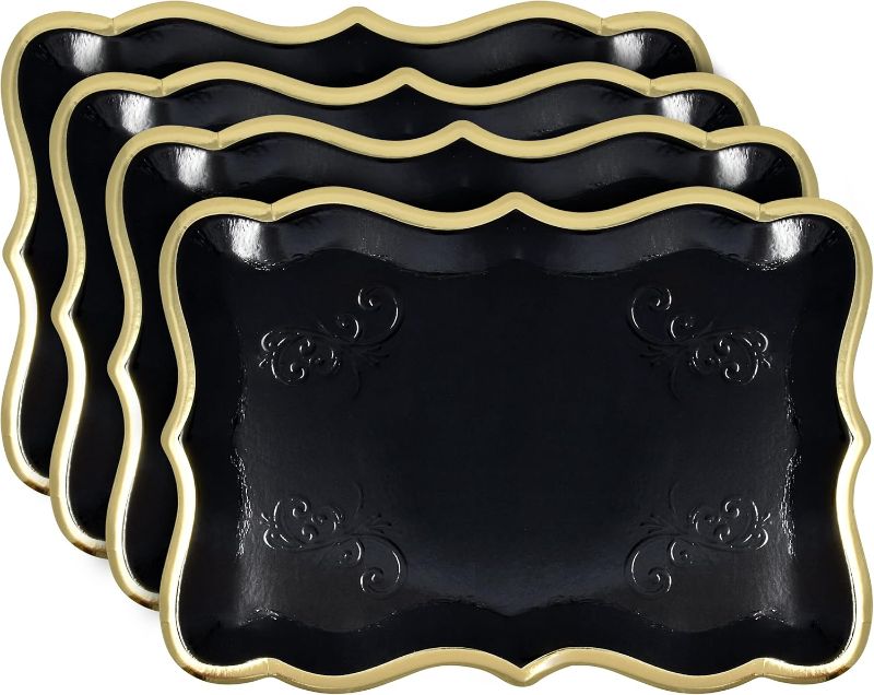 Photo 1 of Gift Boutique 10 Black Rectangle Trays with Gold Rim Border for Dessert Display Table Parties 9" X 13" Disposable Paper Cardboard for Platters Cupcake Displays Birthday Party Weddings Food Safe