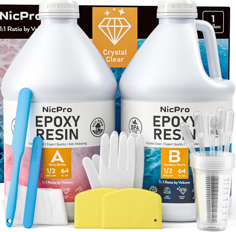 Photo 1 of Nicpro 1 Gallon Crystal Clear Epoxy Resin Kit, High Gloss & Bubbles Free Resin Supplies for Art Coating and Casting, Craft DIY, Wood, Tabletop, Bar Top, Molds, River Tables with Cups, Sticks, Gloves