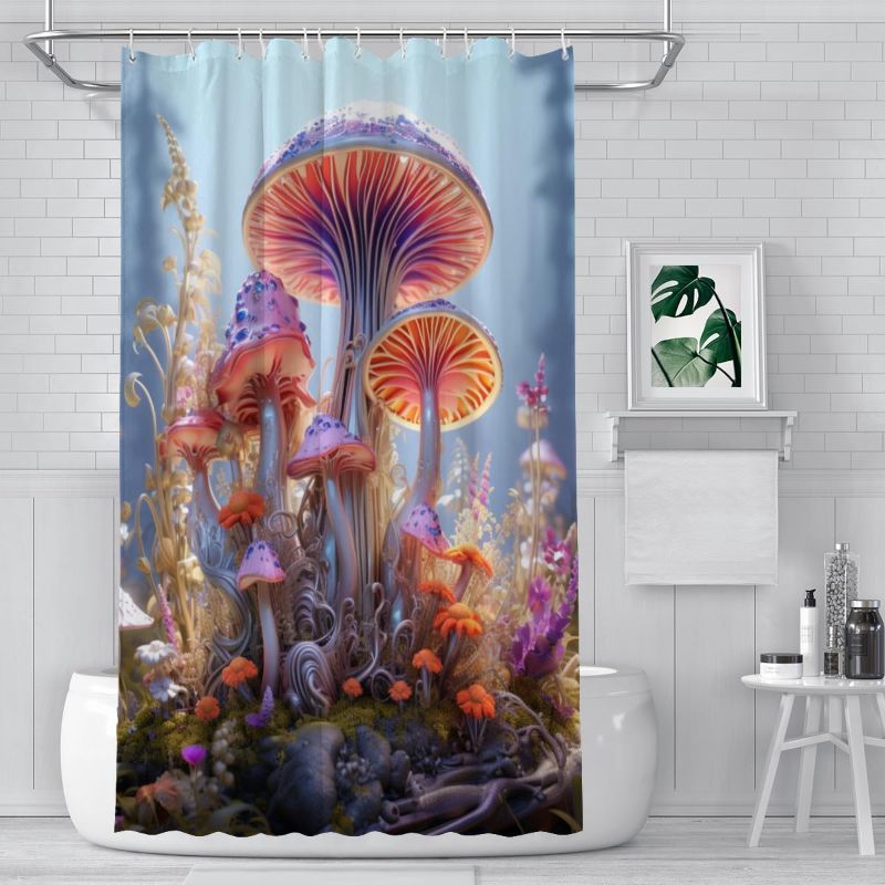 Photo 1 of ANINDA Mushroom Shower Curtain Colorful 3D Mushrooms Living Above Dark Forest, Enchanted Forest Fantasy Fairytale Floral Bathroom Decor, Polyester Waterproof 12 Pack Hooks 60 * 72 inches