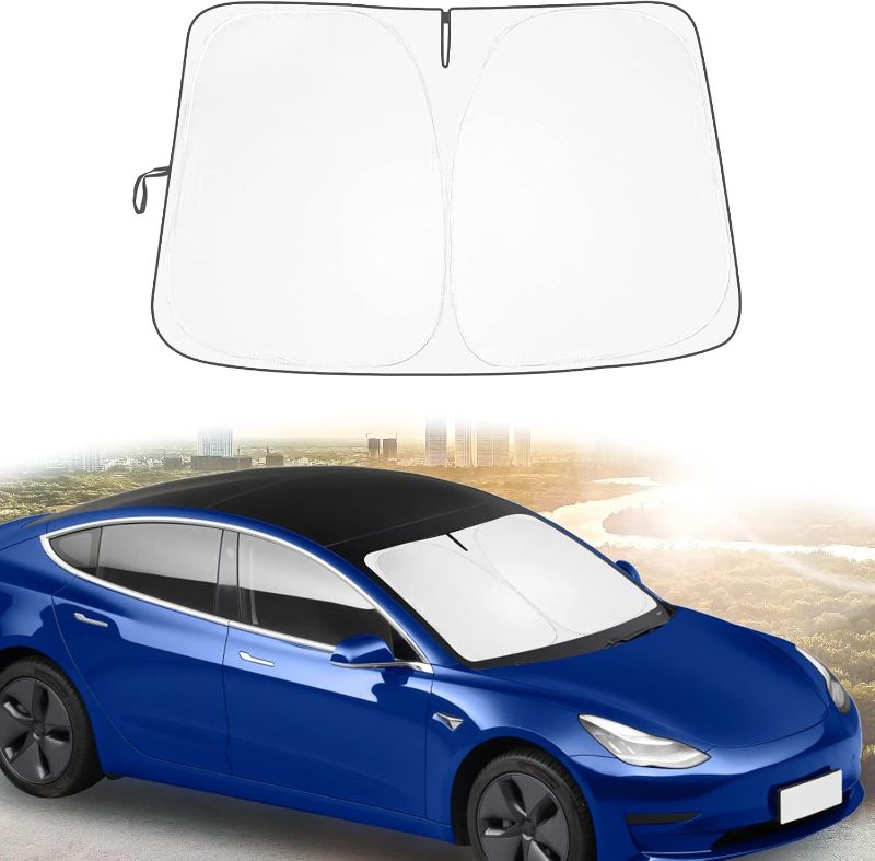 Photo 1 of Tesla Model 3 Model Y 2016-2023 Accessories, Sunshade Designed for Tesla Model 3/Y Exclusively, Car Sunshade Windshield for Front Window with Storage Bag, Sun Visor Protector Blocks UV Rays Heat.