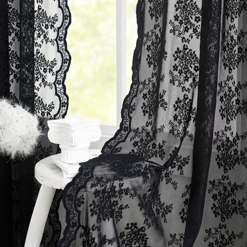 Photo 1 of YJ YANJUN Black Sheer Curtains 84 inches Long Old Fashion Goth Curtains for Living Room Victorian Black Lace Window Curtains for Halloween Rod Pocket 52 x 84 Inch Black