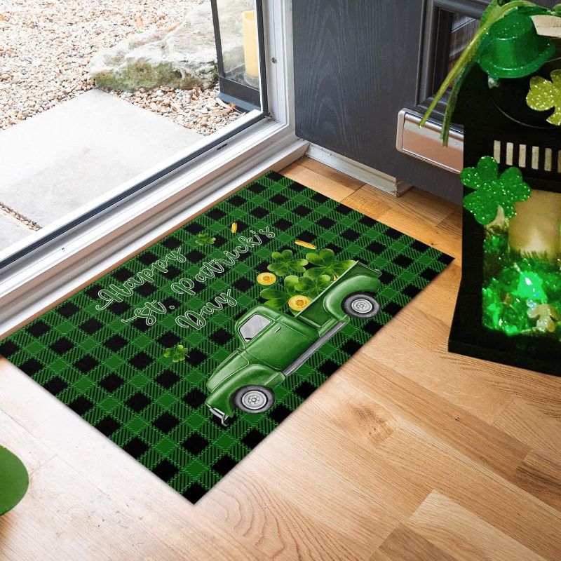 Photo 1 of St. Patrick's Day Welcome Doormat Indoor Floor Mats, Retro Green Black Buffalo Plaid Entryway Front Door Rugs Non Slip Bath Carpet Farm Truck Lucky Clover for Kitchen Bathroom Bedroom, 18x30Inch