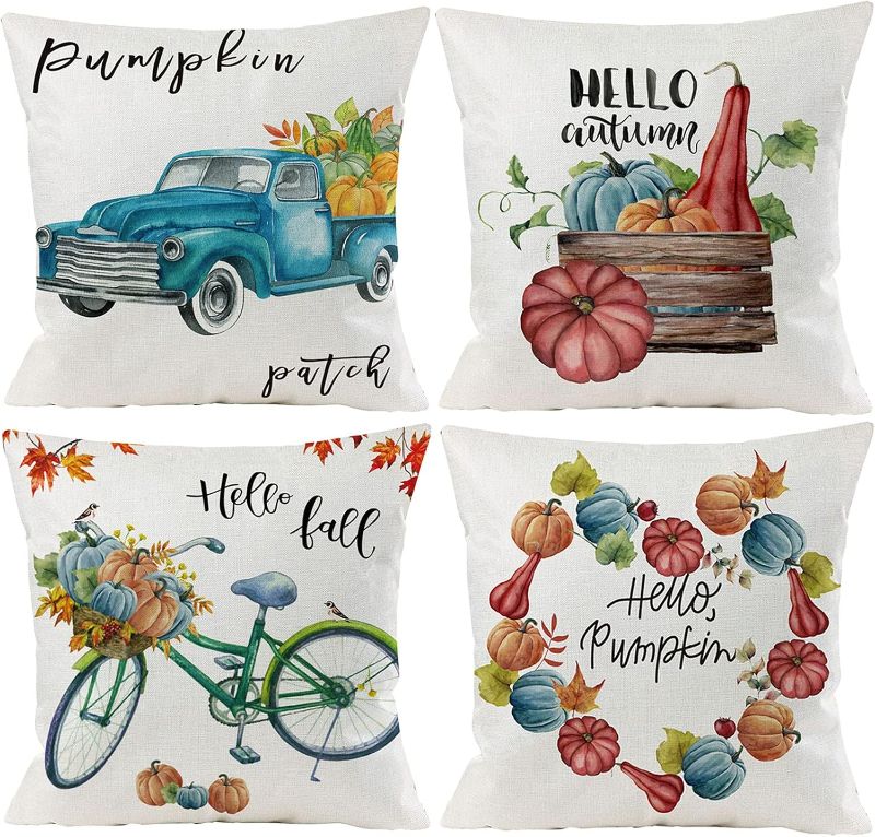 Photo 1 of WABRINY Guhoo Fall Pillow Covers 20x20 Inch Set of 4 Light Blue Pumpkin Thanksgiving Teal Throw Pillowcase Farmhouse Decorative Autumn Watercolor Pumpkin Cotton Linen Cushion Case for Home D¨¦cor