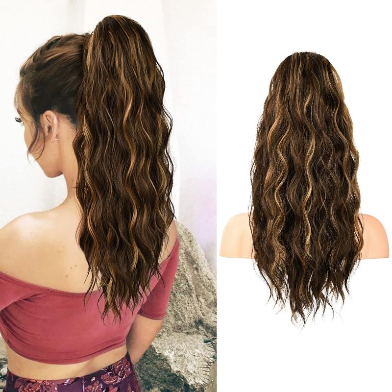 Photo 1 of FLUFYMOOZ Ponytail Extension, 22 Inch Drawstring Ponytail Hair Extensions for Women? Long Curly Wavy Ponytail Natural Wavy Synthetic Hairpiece for Women(22 Inch Brown with Blonde Highlights)