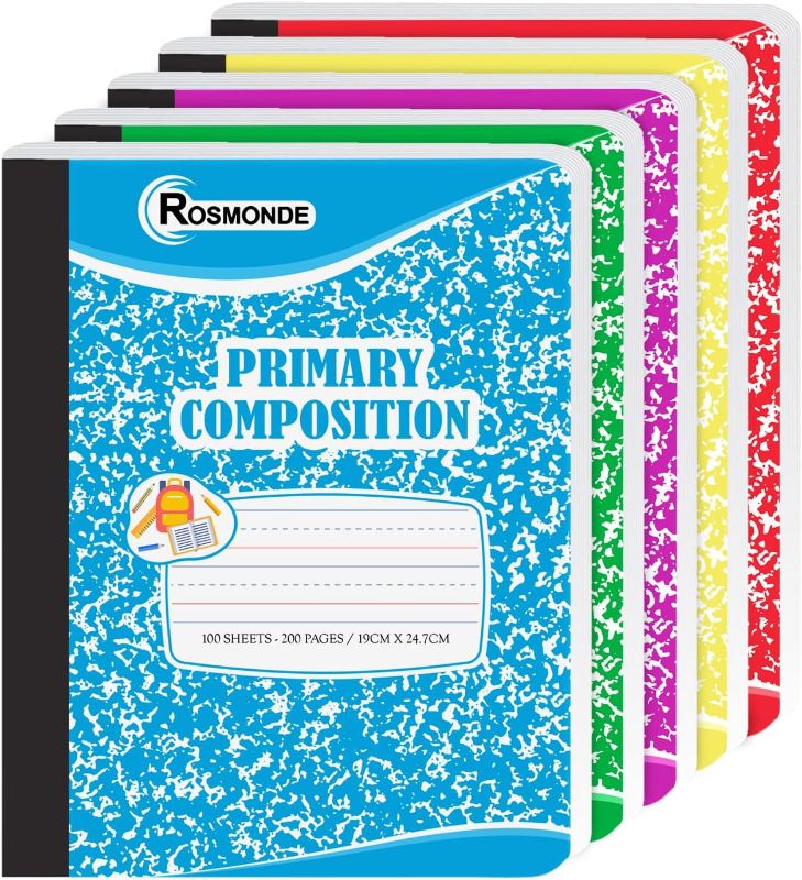 Photo 1 of Composition Notebooks Primary Ruled 5 Pack, 200 Pages (100 Sheets), Color Marble Composition Notebook, Sewn Binding Hard Cover, Primary Composition Notebook for Kids, Writing Dotted Lined