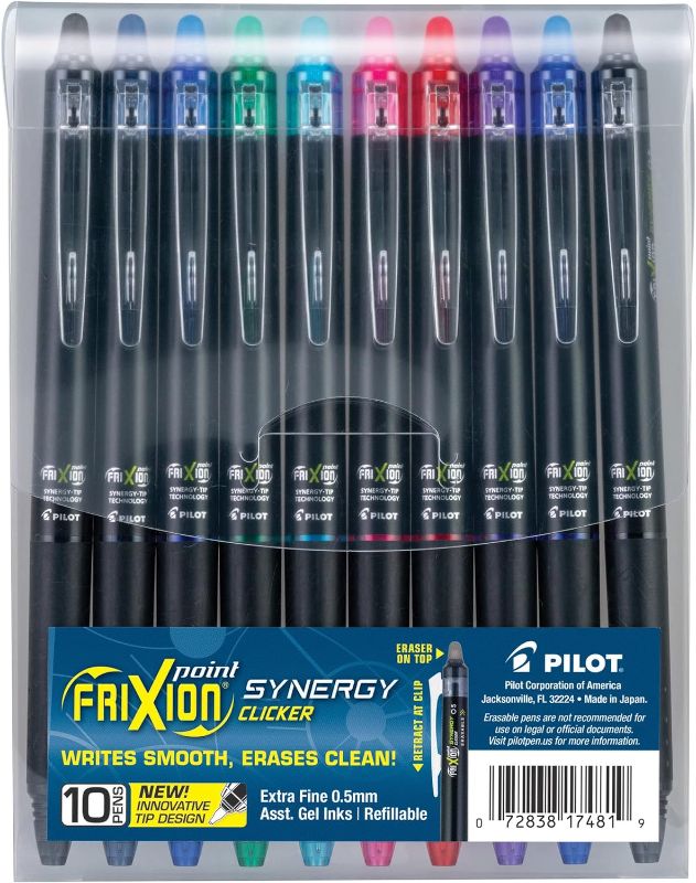 Photo 1 of Pilot, FriXion Synergy Clicker Erasable, Refillable, Retractable Gel Ink Pens, Extra Fine Point 0.5 mm, Pack of 10, Assorted Colors