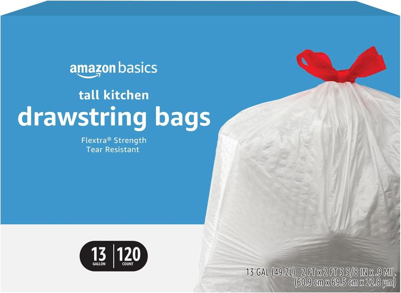 Photo 1 of Amazon Basics Flextra Tall Kitchen Drawstring Trash Bags, 13 Gallon, 120 Count