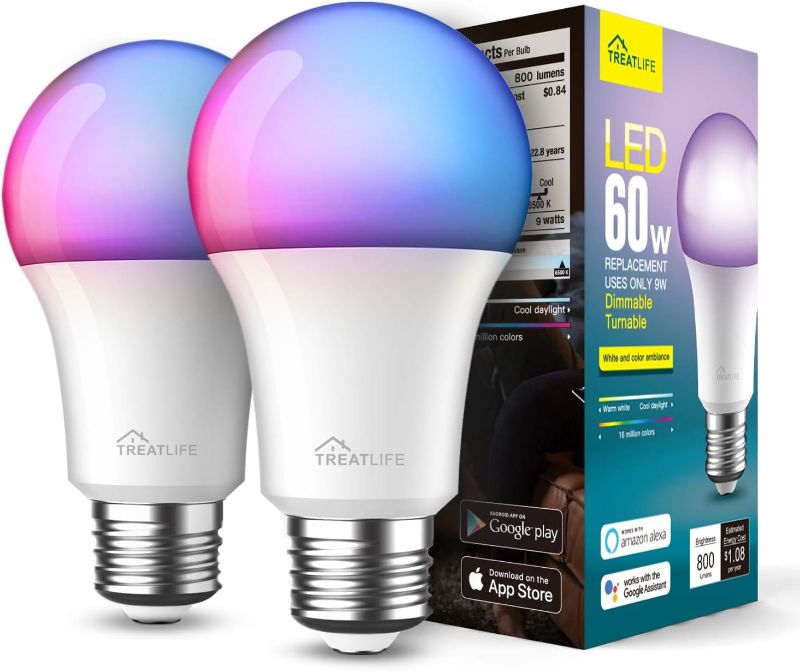 Photo 1 of TREATLIFE Smart Light Bulbs 2 Pack, Music Sync Color Changing Light Bulbs, Works with Alexa, Google Assistant, A19 E26 9W 800 Lumen LED Dimmable Smart Bulb, for Party Decoration, Smart Home Lighting