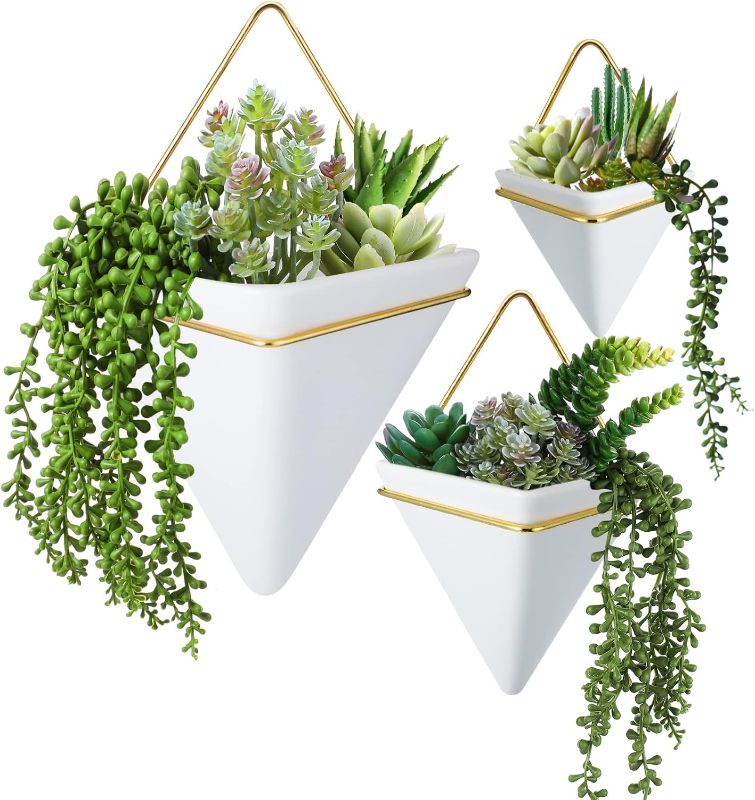 Photo 1 of 15 Pcs Hanging Wall Planters Indoor with Artificial Plant Include Geometric Vase Pot (8.2/5.9/4 Inch Size) Indoor Ceramic Wall Holder and Mini Fake Succulent Plant for Home Decoration
