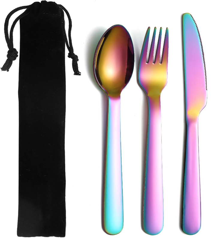 Photo 1 of 2x Evanda 3 Piece Portable Silverware Set, Include Knife Fork Spoon, Rainbow Titanium Plating Camping Cutlery Set With Black Bag, For Home Kitchen Camping Travel, Dishwasher Safe