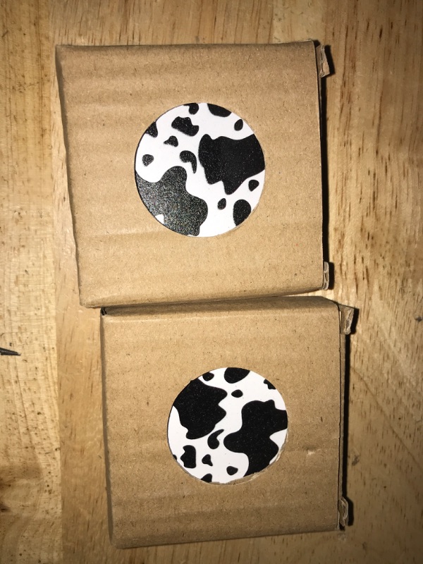 Photo 2 of 2x Car Drinks Coasters Set of 2 Pack Cow Print Animal Themed Absorbent Ceramic Stone Black and White Coaster with A Finger Notch for Easy Removal from Auto Cupholder