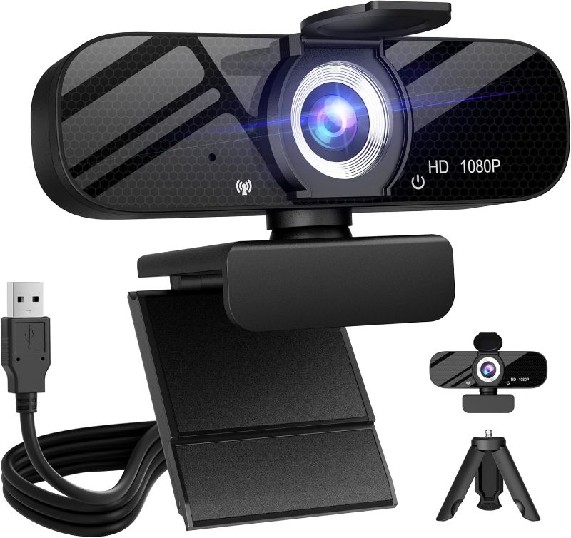 Photo 1 of Full HD Webcam with Built-in Microphone and Rotatable Tripod, 1080P Video and Wide Angle Camera, Privacy Cover, for Desktop PC or Laptop Computer
