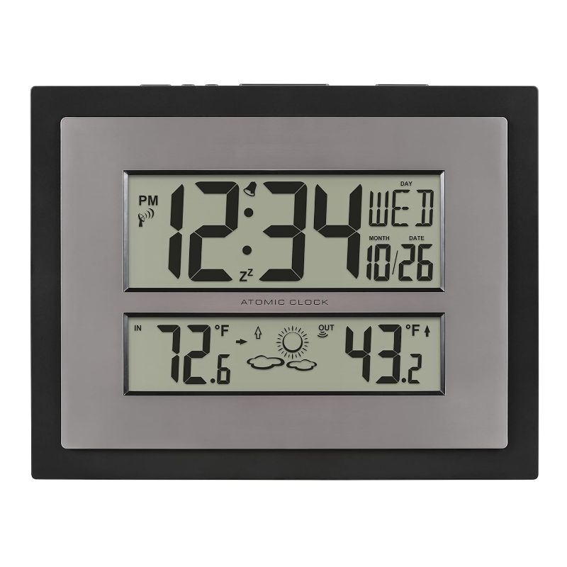 Photo 1 of La Crosse Technology 512-85937-INT Atomic Digital Wall Clock with Temperature & Forecast in Gray/Silver