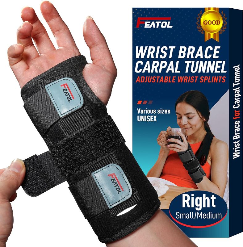 Photo 1 of FEATOL Wrist Brace for Carpal Tunnel, Adjustable Night Wrist Support Brace with Splints Right Hand, Small/Medium, Hand Support for Arthritis, Tendonitis, Sprain, Injuries, Wrist Pain