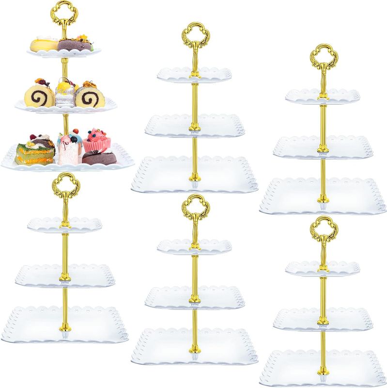 Photo 1 of 6 Sets of 3 Tier Plastic Cupcake Stand, White Plastic Tiered Serving Stand for Cupcake Stands for Dessert Table Mini Cake Fruit Snack Square Dessert Display Trays for Wedding Birthday