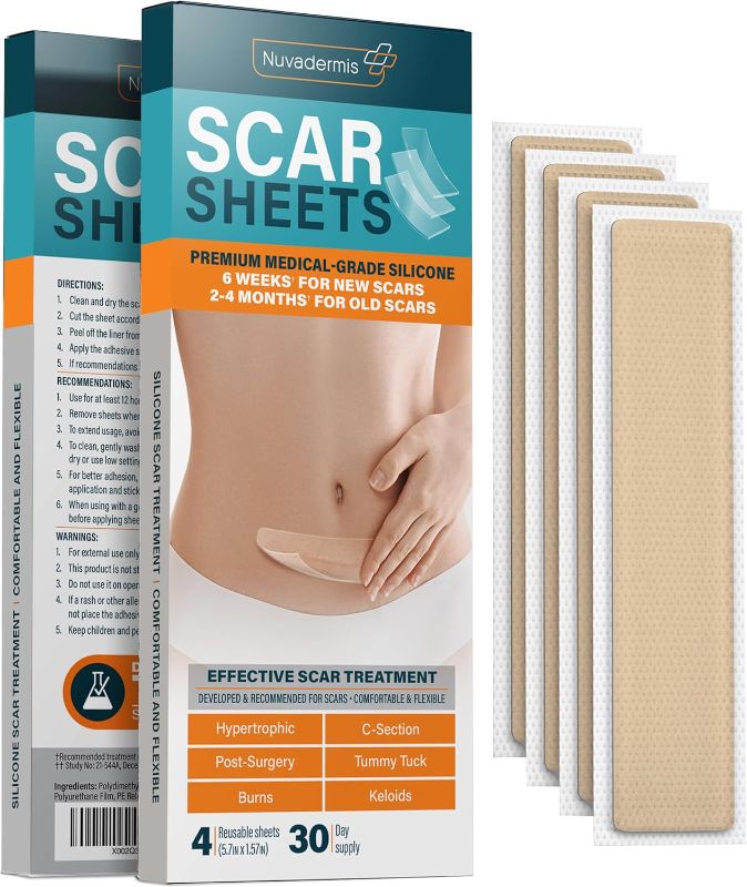 Photo 1 of NUVADERMIS Silicone Scar Sheets - Extra Long Scar Sheets for C-Section, Tummy Tuck, Keloid, and Surgical Scars - Reusable Medical Grade Silicone Scar Sheets - Pack of 4 - Light Tone