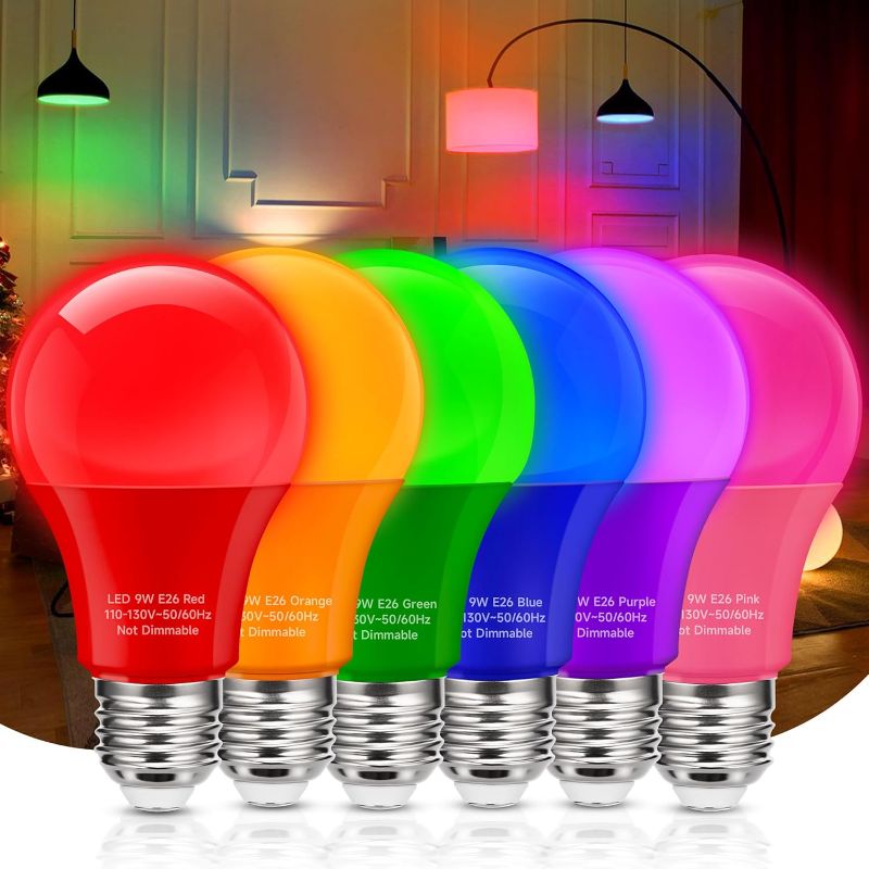 Photo 1 of A19 Colored Light Bulbs, 9W Equivalent 60W LED Light Bulbs, A19 E26 Base Color Decorative Bulbs for Halloween, Christma, Party, Wedding, Holiday, Festival 6 Pack