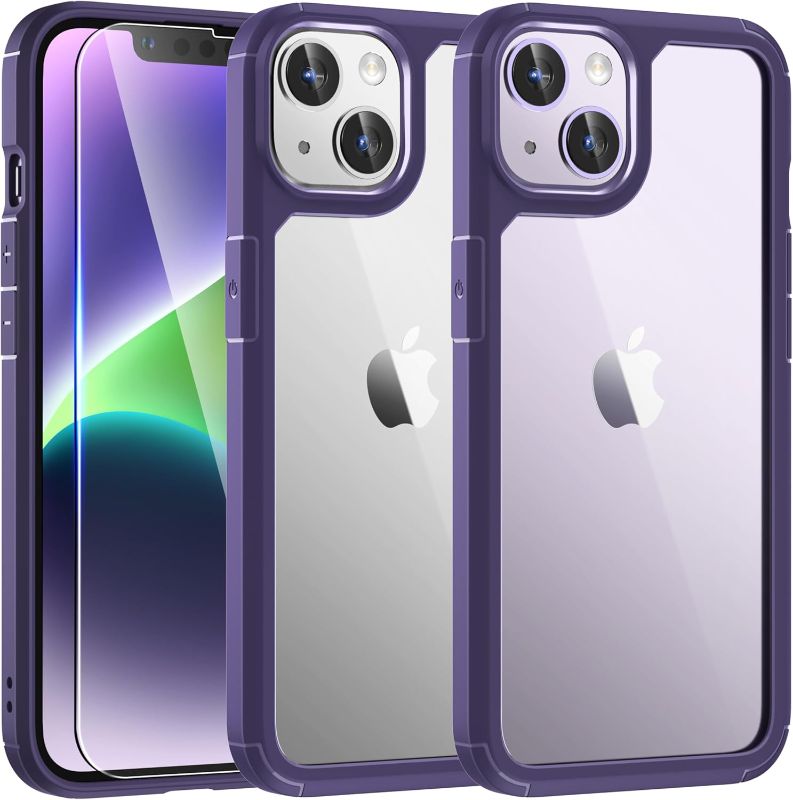 Photo 1 of TAURI 3-in-1 for iPhone 14 Case, [Not Yellowing] with 2 Screen Protector, [Military Drop Protection] Shockproof Slim Phone Case for iPhone 14 6.1 Inch-Purple