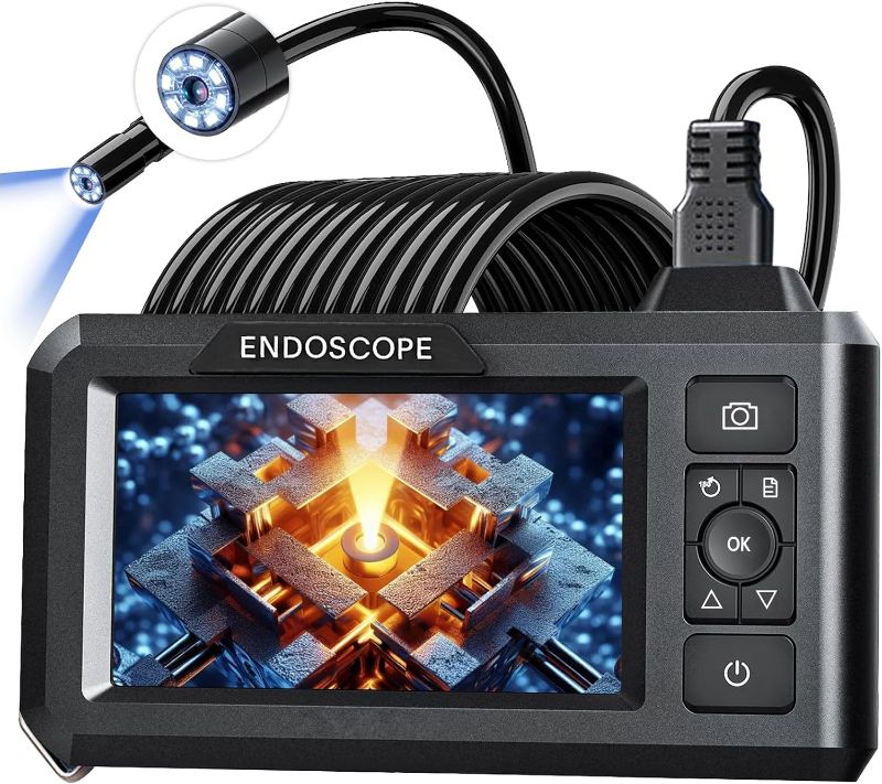 Photo 1 of Endoscope-Camera with Light 4K Borescope HD Digital Inspection Camera 4.3 Inch LCD Screen IP67 Water-Repellent with 8 LED Lights 16.5FT Snake Camera 32GB Card and Helpful Tool, Black Grey