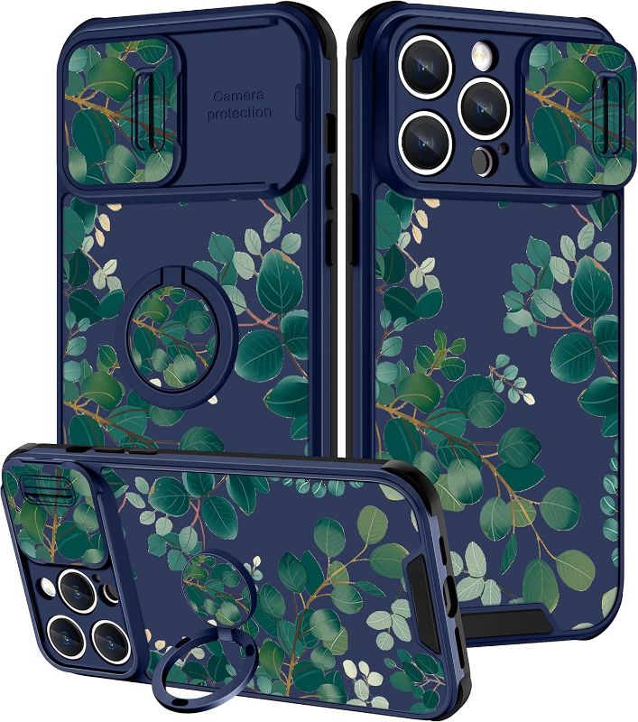 Photo 1 of Goocrux (2in1 for iPhone 14 Pro Case Floral for Women Girls Girly Phone Cover Cute Leaves Plants Design with Slide Camera Cover+Ring Holder Fashion Unique Green Cases for iPhone 14Pro 6.1''