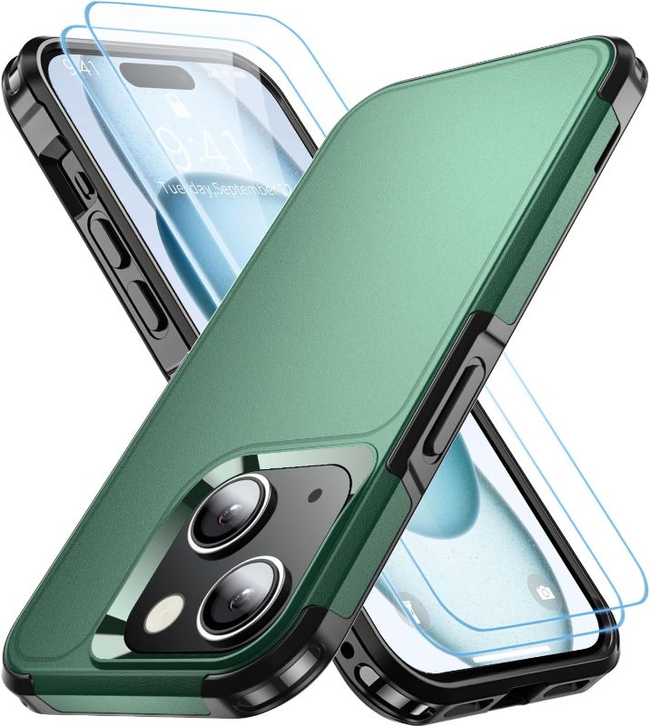 Photo 1 of Shockproof for iPhone 15 Case,[15 FT Military Grade Drop Protection],with 2X [Tempered Glass Screen Protector ] with Air Bumpers Full-Body Protective Phone Case, (Dark Green)