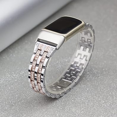 Photo 1 of Bling Bands Compatible with Fitbit Charge 6/Charge 5, Metal Bracelet Luxurious Rhinestone Replacement Wristband for Women, Silver Black Gold