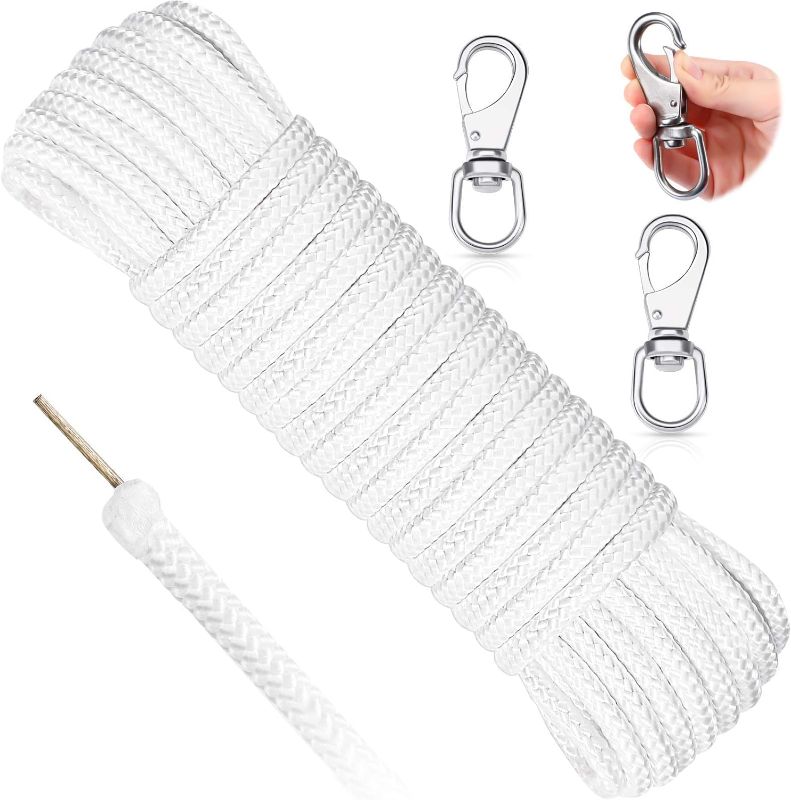 Photo 1 of Boao 50 Feet 5/16 Inch Wire Center Flagpole Rope Halyard Rope with 2 Pieces Stainless Steel Snap Hooks White Braided Polyester Flagpole Halyard Rope Steel Center Flag Pole Solid Rope for Flagpole