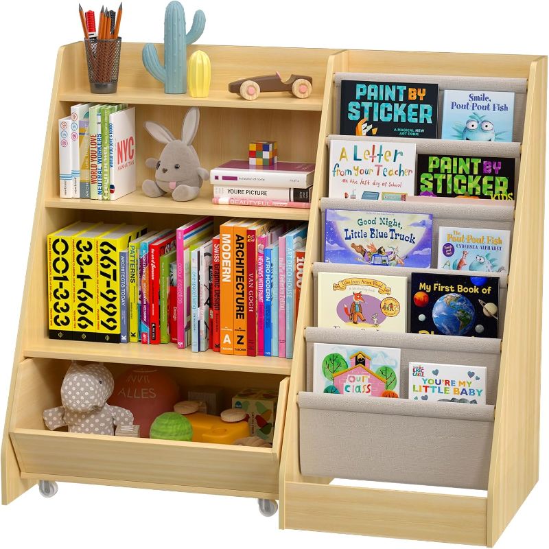 Photo 1 of 3 Tier Kids Wooden Bookshelf, 5 Sling Bookshelf, 1 Removable Storage Cabinet, Kids & Toddler Book Rack for Book Storage and Display