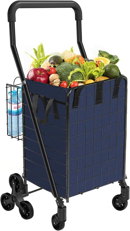 Photo 1 of (BLUE)Grocery Shopping Cart with Waterproof Liner Stair Climber Utility Cart Easily Collapsible Cart with Tri-Wheels, 66lb Extended Foam Cover, Trolley for Stair, Laundry, Travel (Blue-)