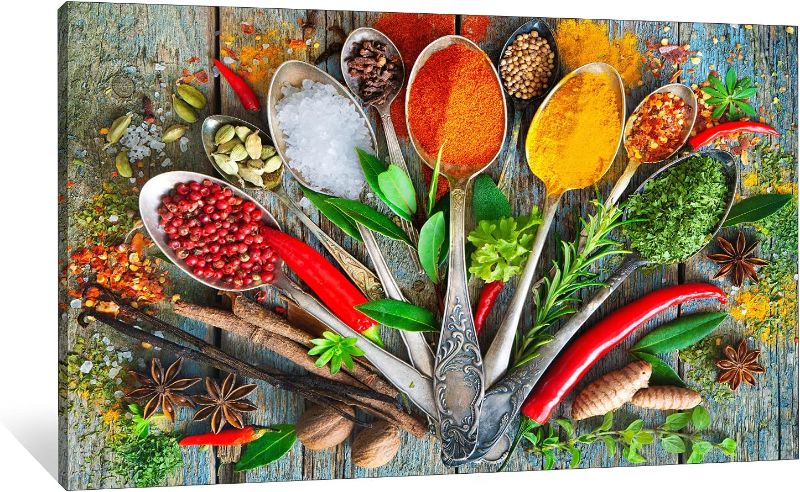 Photo 1 of Kitchen Wall Art - Vintage Herbs & Spices Canvas Prints for Kitchen Wall Decor, Colorful Cooking Spices Put on Each Spoon Painting Pictures, Framed Artwork for Home Kitchen Wall Decor (24x18 Inches)