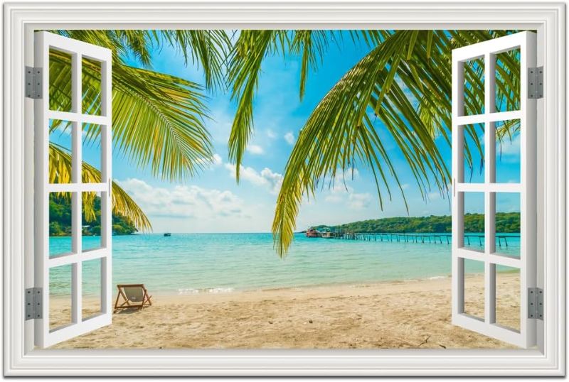 Photo 1 of Beach Wall Art Decor Tropical Ocean Canvas Picture for Living Room White Window Frame Style Blue Seascape Paiting for Bedroom Coastal Theme Landscape for Home Office Decorations Ready to Hang(24"*36")