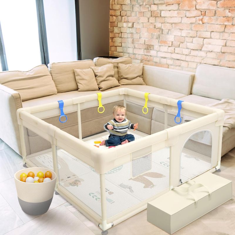 Photo 1 of MiMi & Tom Baby Playpen with Mat Included - Safe Baby Play Yard with 4 Pull Up Rings, Kids Playpen Ocean Balls, and Toy Storage Basket - Minimalist Large Playpen for Babies and Toddlers, 49" x 49"