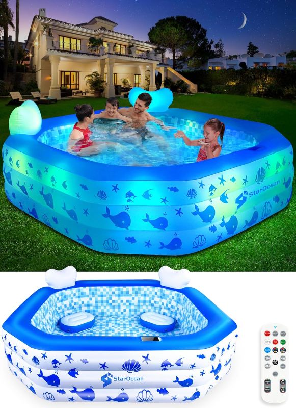 Photo 1 of Inflatable Pool with Lights,2024 Solar Inflatable Swimming Pool for Kids,Adults,Blowup Pool w/Remote Control,Large Kiddie Pool w/Seats,Kids Pool for Backyard-90"x90"x25"(Pump NOT Included)