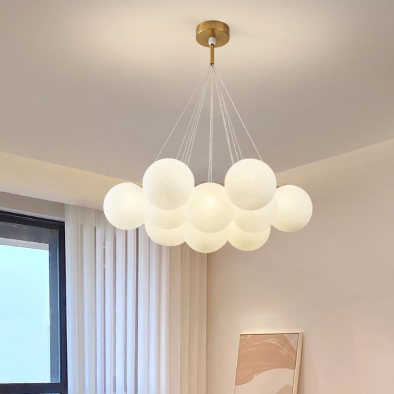 Photo 1 of Glass Bubble Chandelier, Cute Globe Pendant Light, Frosted Glass Hanging Lamp for Living Room, Dining Room (Gold, 13 Lights)