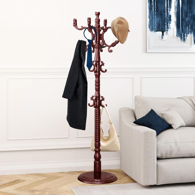 Photo 1 of Coat Rack Freestanding, Wooden Tree Coat Racks with Sturdy Round Base and 14 Hooks, Mahogany Vintage Coat Rack for Bedroom Living Room Office, for Hats Bags Coats, 185x43cm