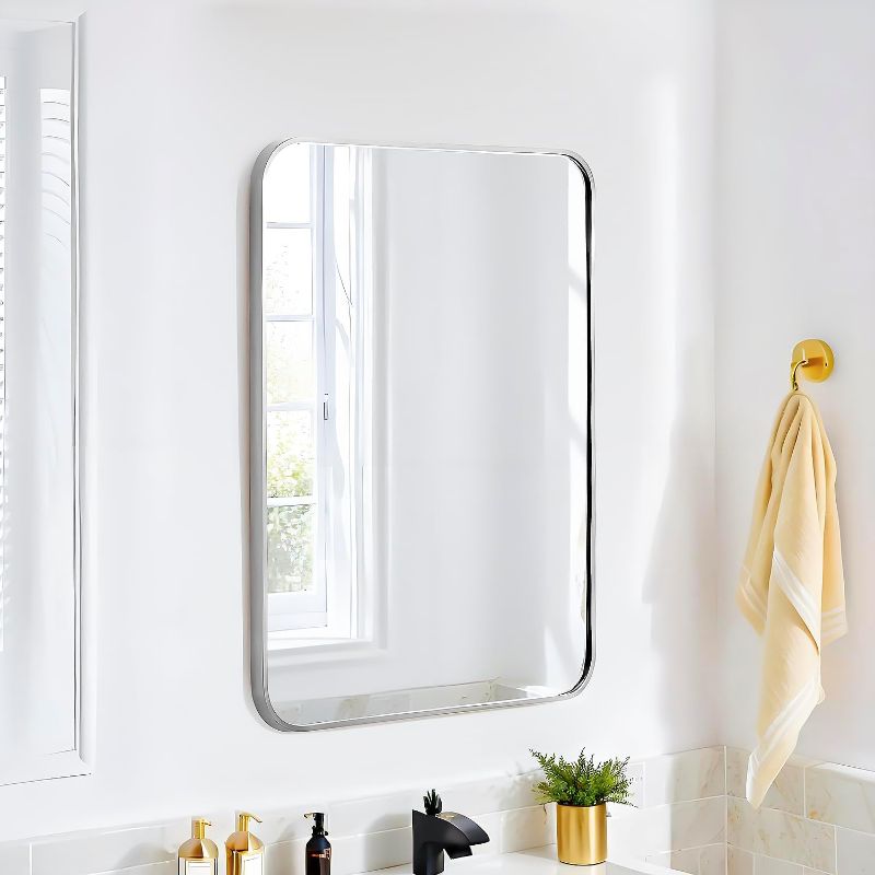 Photo 1 of 30x20 Rectangle Mirror Wall Mounted Aluminum Alloy Metal Frame HD Glass Dressing Make-up for Bathroom Entryway Bedroom Living Room 30 20 inch Silver