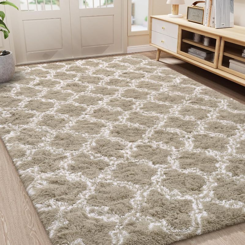 Photo 1 of LOCHAS Luxury Shag Area Rug 8x10 Feet Geometric Plush Fluffy Rugs, Extra Soft Carpet Moroccan Rugs for Bedroom Living Room Dorm Kids, High Pile Shaggy Floor Rug Decor, Beige/White