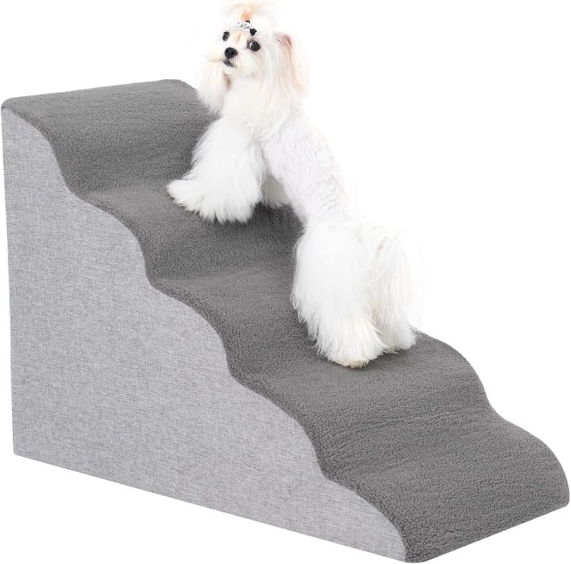 Photo 1 of Dog Stairs for Small Dogs- Dog Steps Stairs Ramps for High Bed Couch, High Density Foam Pet Steps Stairs for Dogs to Get on Bed, 5 Tiers Cat Doggy Steps Ramps for Joint Pain Dog(Gray)