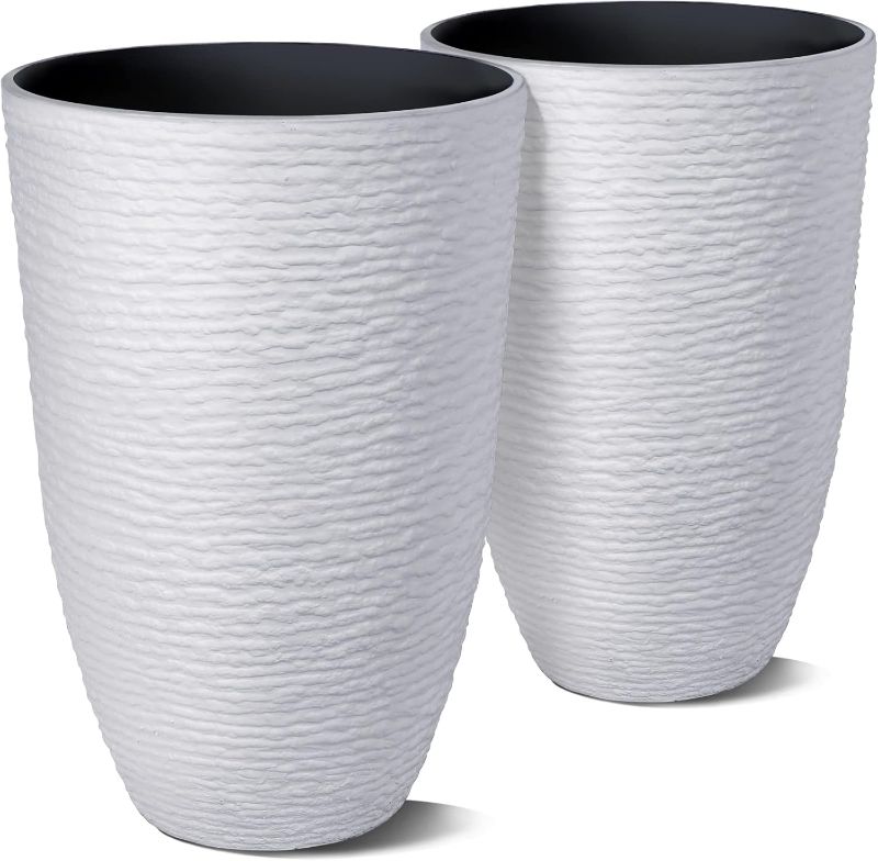 Photo 1 of Worth Garden 2-Pack 21" H. White Tall Planters - 14'' Dia Resin Large Round Flower Pots for Outdoor Plants Trees - Imitation Stone Finish Plastic Indoor Front Porch 9 Gallon Decorative Container Patio