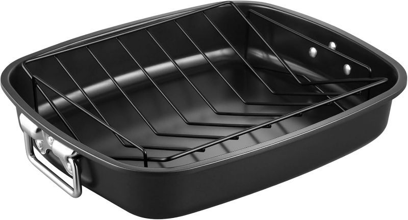 Photo 1 of Roasting Pan, 17-Inch Non-Stick Large Roasting Pan for Turkey, Roaster Lasagna Pan with V Rack Rectangular Deep Dish Oven-BBQ Bakeware for Oven Baking 17.1" x 14.1" x 3.3" (Black)