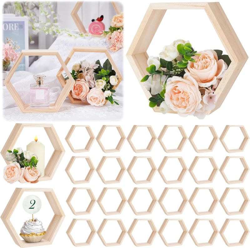 Photo 1 of Barydat 24 Pcs 8 Inch Hexagon Shelves Hexagon Wood Centerpiece Geometric Terrarium Decorative Honeycomb Floating Storage Shelf for Wedding Table Decorations Home Office Room (Wood Color)