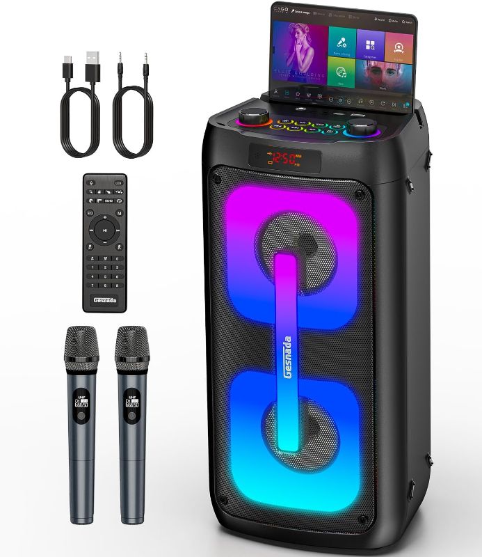 Photo 1 of Karaoke Machine for Adults with 2 Wireless Microphones, Portable Bluetooth Speaker PA System with Dicso Lights for Big Pary, Stage Subwoofers, Outdoor, Ideal Gifts for Family, Music Lover