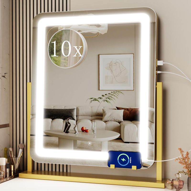 Photo 1 of Makeup Vanity Mirror with USB Charging Port 22" x 18" Large LED Makeup Mirror, Desk Mirorr with Lights, Light up Mirror with 10X Magnification and, Dimmable 3 Modes, Touch Screen Control